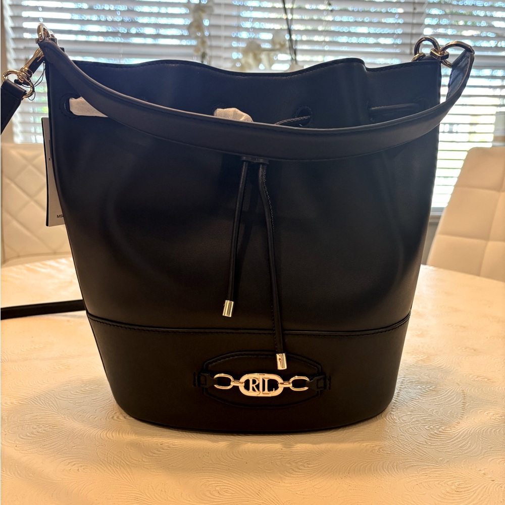 Lauren Ralph Lauren Andie Crossbody black leather crossbody drawstring bag NWT